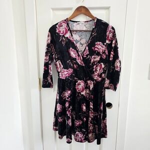 Charlotte Russe Black Floral Y2K Velvet Wrap Dress Long Sleeve Size Large